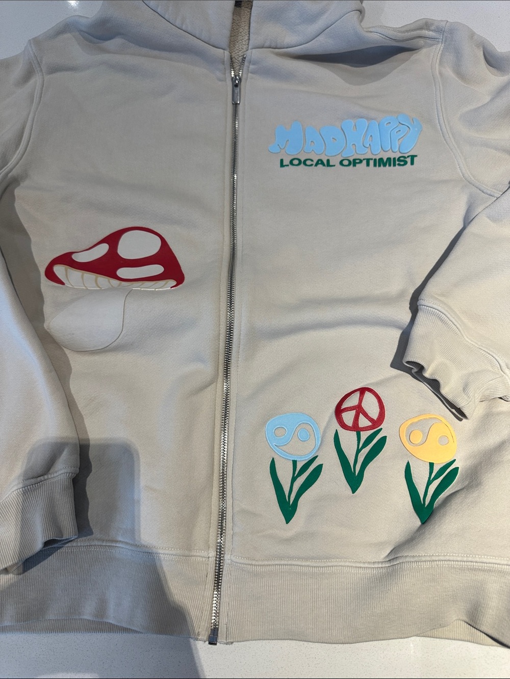 Madhappy Cream Zip-Up Sweatshirt with Mushroom & Flower Prints - Picture 2 of 3
